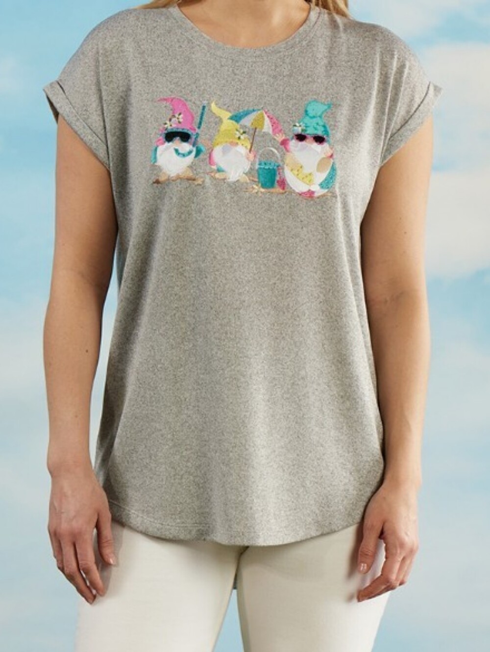 indigo soul Gray Pink Yellow Tee Shirt Embroidered Beach Gnomes Tunic Top Sz XL